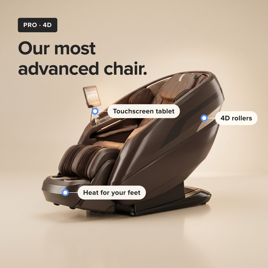 Relaxe Pro 4D massage chair with touchscreen tablet, 4D rollers and heat for your feet